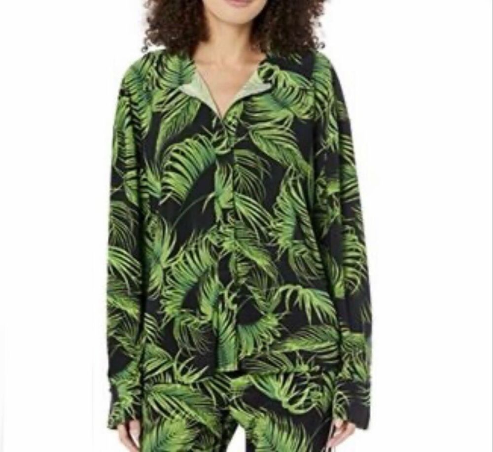 Norma Kamali Oversized Boyfriend NK Long Sleeve Shirt Palm Leaf Print Size XXS
